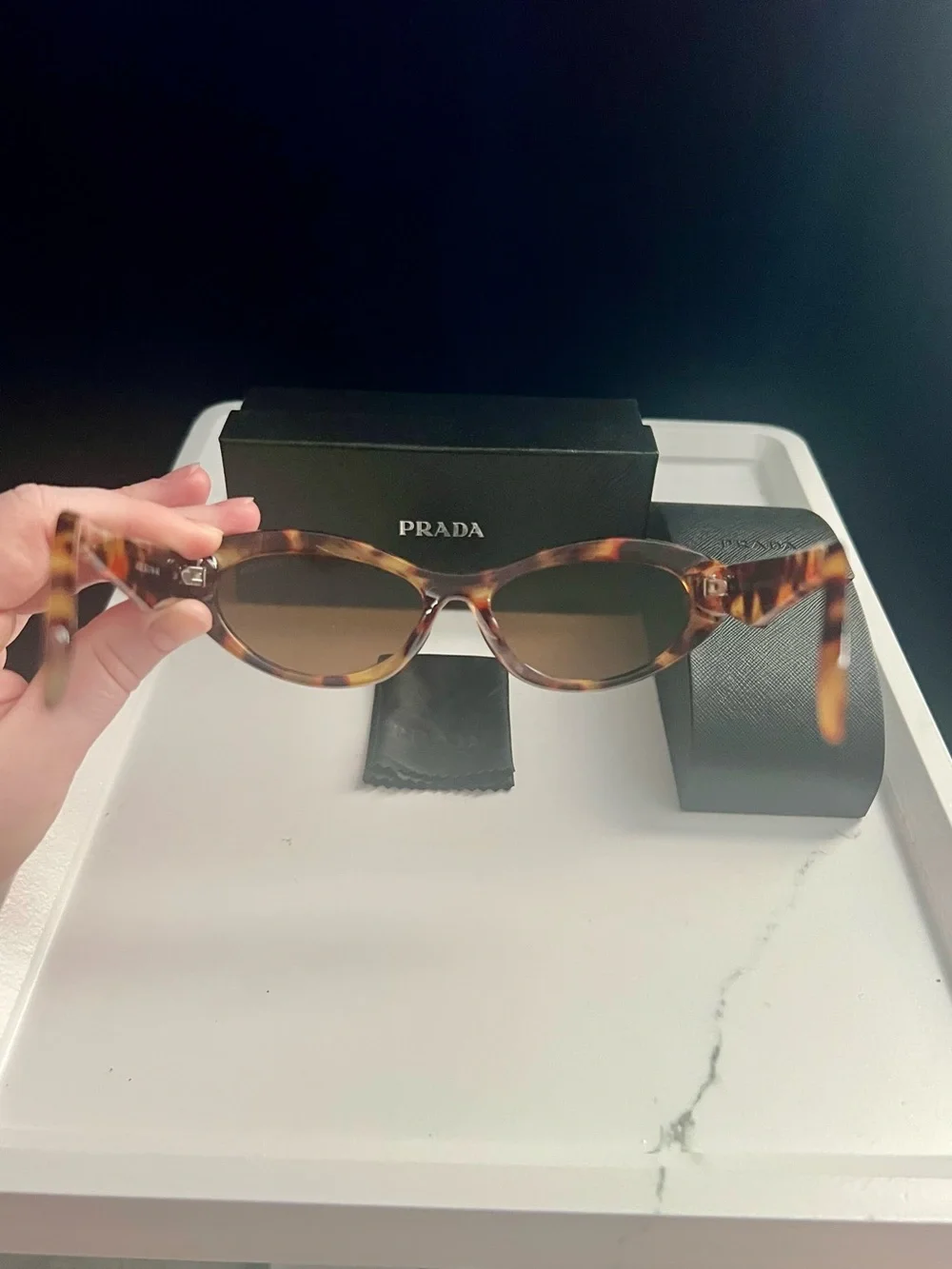 PRADA Sunglasses Symbole Small Oval Acetate Loden Honey Havana Tortoise EUC